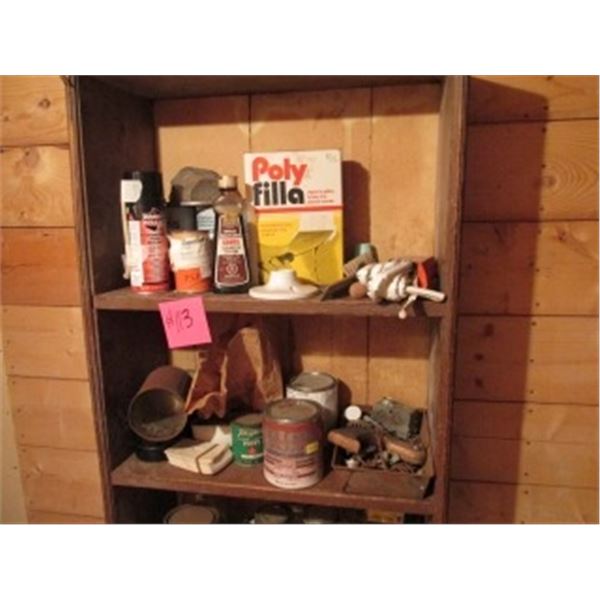 BROWN SHELF C/W CONTENTS, LINO SCRAPS, PAINT, TILES