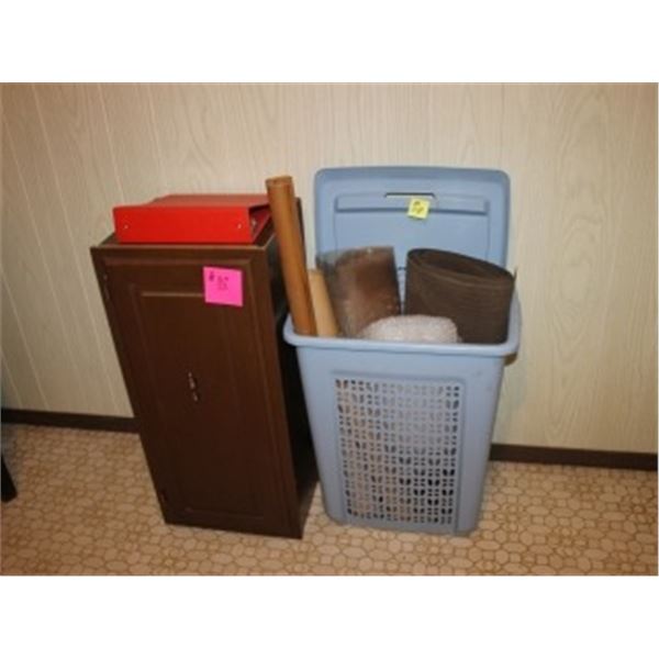 CUPBOARD C/W MAGAZINES, BOOKS  LAUNDRY BASKET & CONTENTS