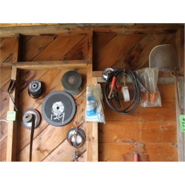 MISC  ON WALL-GRINDING DISCS, EXTENTION CORDS, STEEL ROD, BOOSTER CABLES, WRENCH