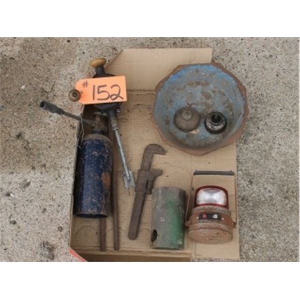 2 SMALL OIL CANS, PIPE WRENCH, TORCH, FLASHLIGHT, OLD TOOLS