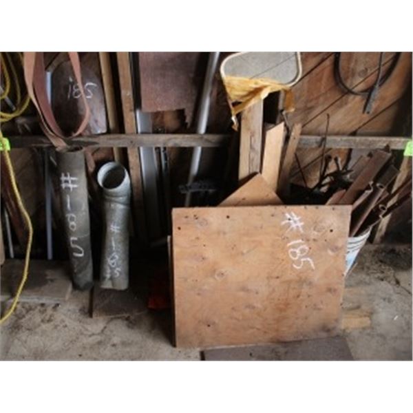 QUANTITY MISC STEEL, ROPE, SLING & WOOD ON WALL