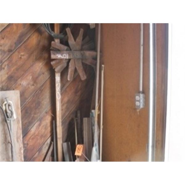 PUMP, METAL ANGLES, UMBRELLA, WEATHER STRIP, OLD LAWN BLADES