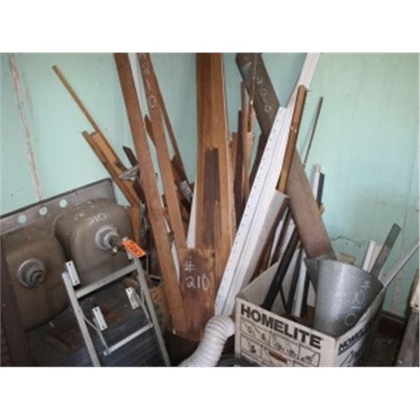 KITCHEN SINKS, BOX OF METAL, BED FRAME, METAL DOOR, ASSORTED BASE BOARDS