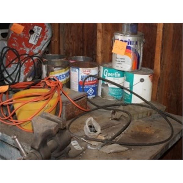 HUB CAPS, MISC ON CORNER OF THE SHELF, CORDS, SHOP VACUUM