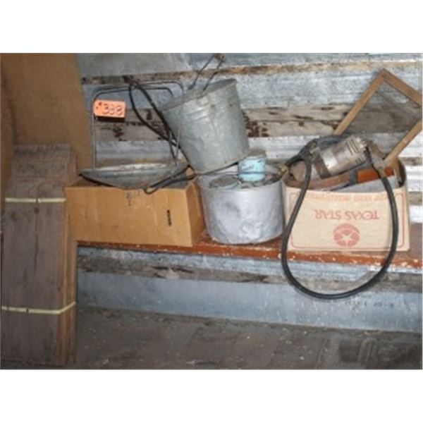 PAILS, TOBACCO CANS, SCREEN, WOOD