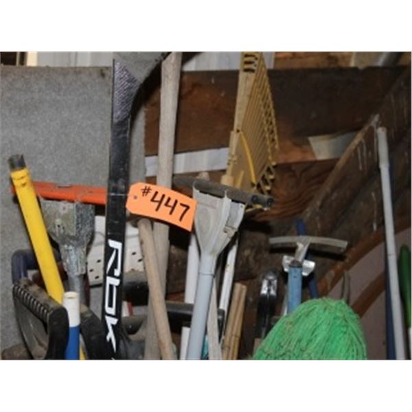 GARBAGE CAN C/W HANDLES, HOCKEY STICKS, & GLASS DOOR