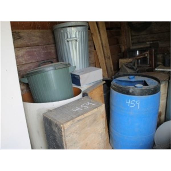 BARRELS, GARBAGE CANS, BOXES, HEATER, JERRY CAN
