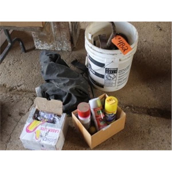 EAR PLUGS, BUG TAR, MISC IN PAIL