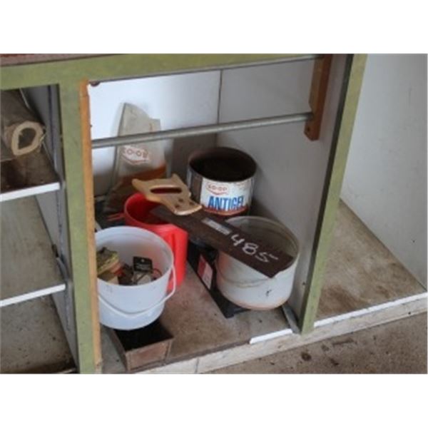 CAULKING, PAINT ROLLERS, OLD RUG, MITRE SAW, MISC, RAKE