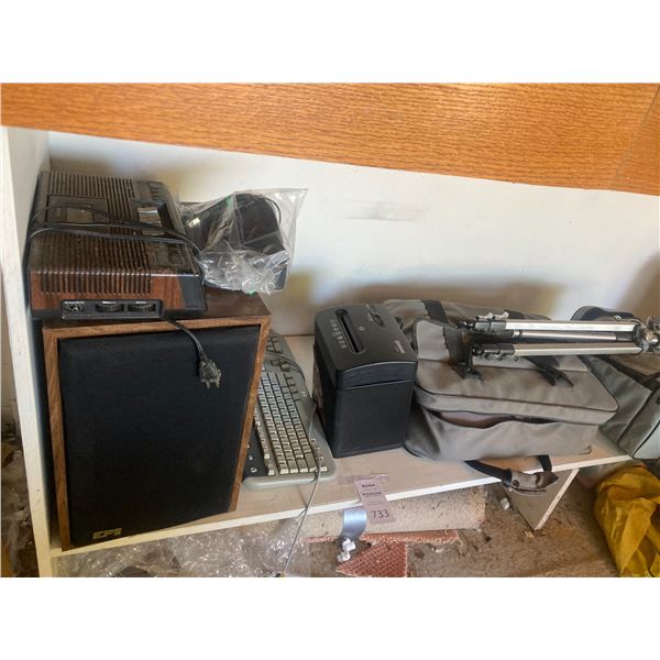 Panasonic VHS, speakers, shredder, tripod radio A