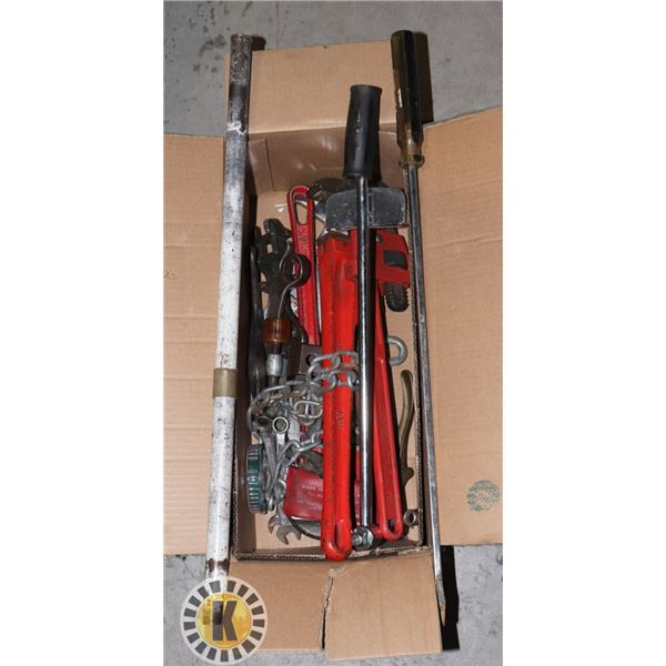 ESTATE BOX OF PIPE WRENCHES AND MORE
