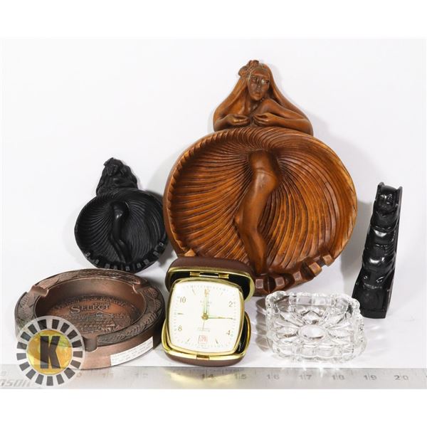 BOX OF DECORATIVE FEMALE CARVINGS & ASH TRAYS