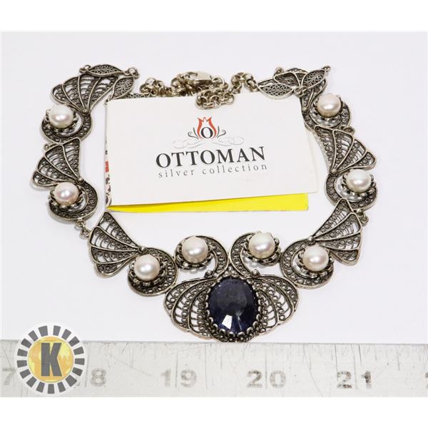 STERLING SILVER PEARL & SAPPHIRE NECKLACE