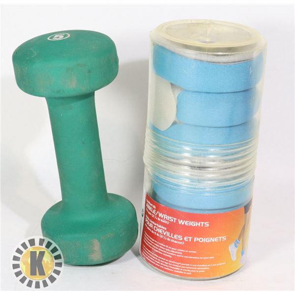 PAIR OF  ANKLE WEIGHTS- 5LB  AND 1 DUMBBELL- 5LB
