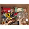 Image 1 : BOX OF COLLECTIBLE GLASSWARE AND CANS/TINS