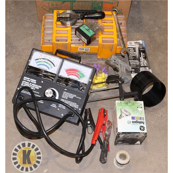 BOX OF HARDWARE- BATTERY TESTER, AND MANY MORE