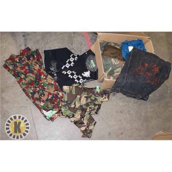 LARGE BOX OF JACKET & WORK AND CAMOUFLAGE OVERALL