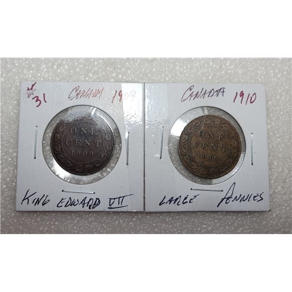 12)  LOT OF 2 CANADIAN LARGE PENNIES, 1909 & 1910