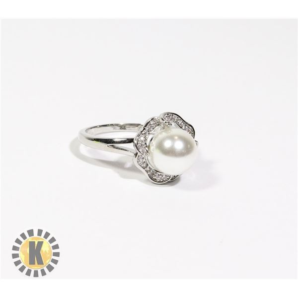 3)  WHITE CULTURED PEARL WITH CLEAR CZ RING
