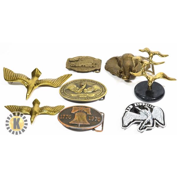 BAG OF BRASS BIRDS AND ASSORTED BELT