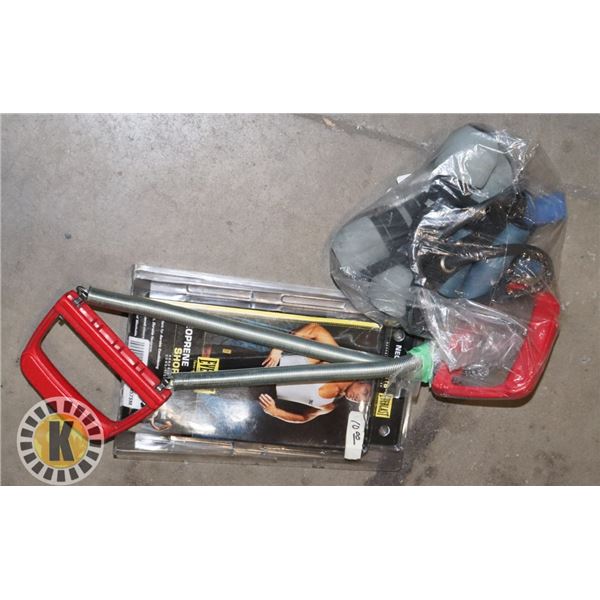 SPORTS SHORTS, 2LB DUMBBELLS AND JUMP ROPE