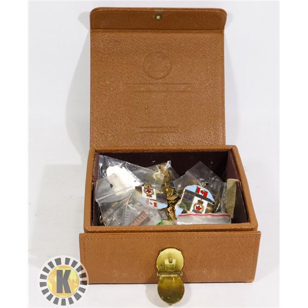 CANADIAN THEMED PINS AND BROWN STORAGE CASE