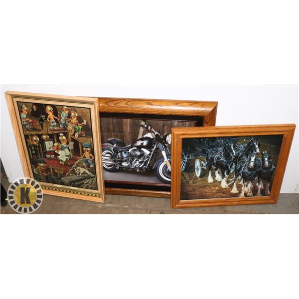 3 FRAMED POSTERS- 1 CLASSIC CAR, 1 CARRIAGE &OTHER