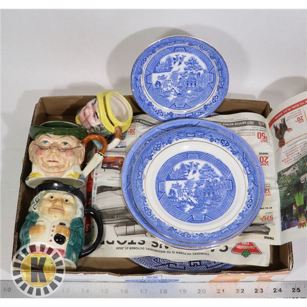 FLATBOX OF TOBY MUGS AND CERAMIC PLATES
