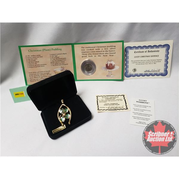 Collector Combo: Lucky Christmas Sixpence 1967 w/COA & Lucky Wishbone - Four Leaf Clover  Diamond Du