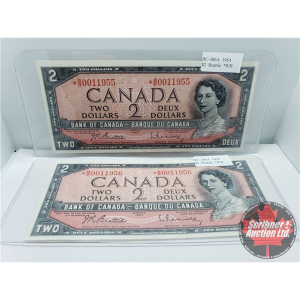 Canada $2 Bills 1954* CONSECUTIVE Replacements (2): Beattie/Rasminsky *BB0011955/11956