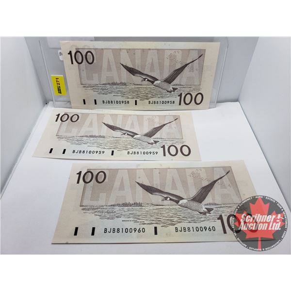 Canada $100 Bills 1988 CONSECUTIVE (3) : Thiessen/Crow BJB8100958-59-60