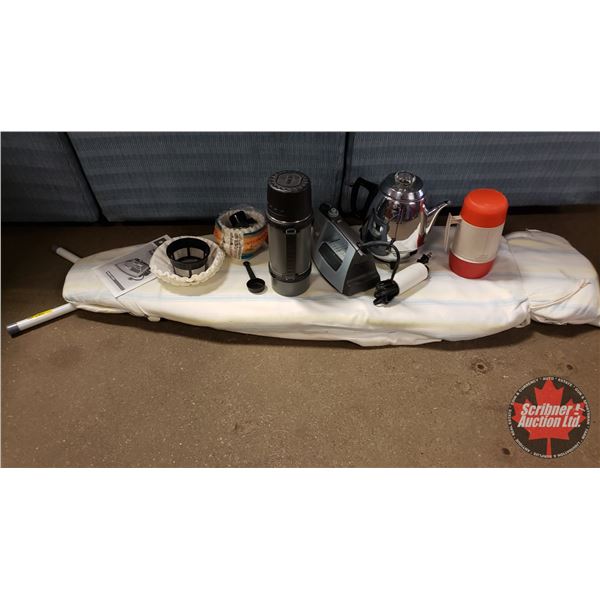 Ironing Board, Iron, Thermos (2), Percolator, Coffee Filters, etc (SEE PICS!)