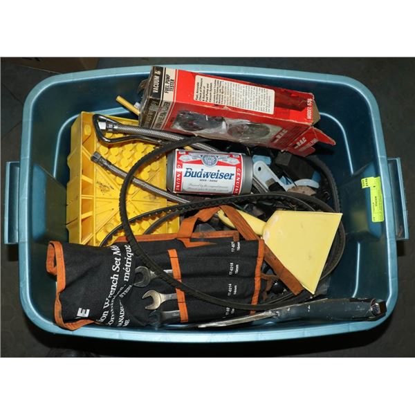 TOTE OF ASSORTED TOOLS, HARDWARES & MORE
