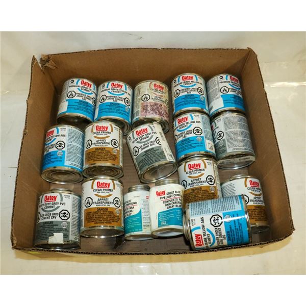 BOX FULL OF ASSORTED OATEY PRIMERS FOR PVC/CEMENT