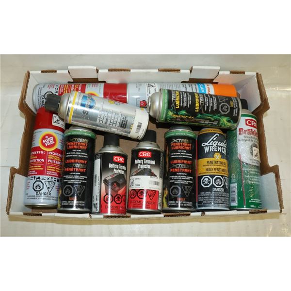 FLAT OF ASSORTED SPRAY CANS INCLUDING DEGREASERS,