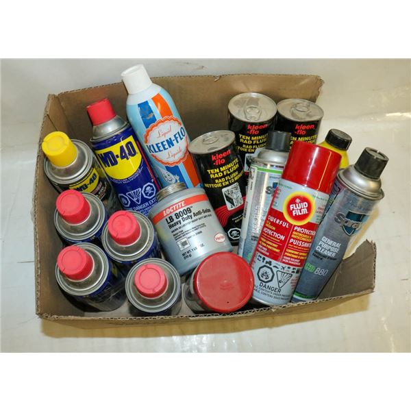 BOX LOT OF VARIOUS SPRAY CANS/BOTTLES