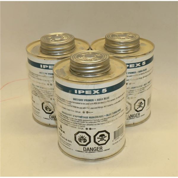 3 CANS OF IPEX 5 WET/DRY PRIMER FOR PVC AQUA BLUE