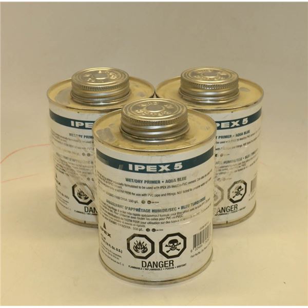 3 CANS OF IPEX 5 WET/DRY PRIMER FOR PVC AQUA BLUE