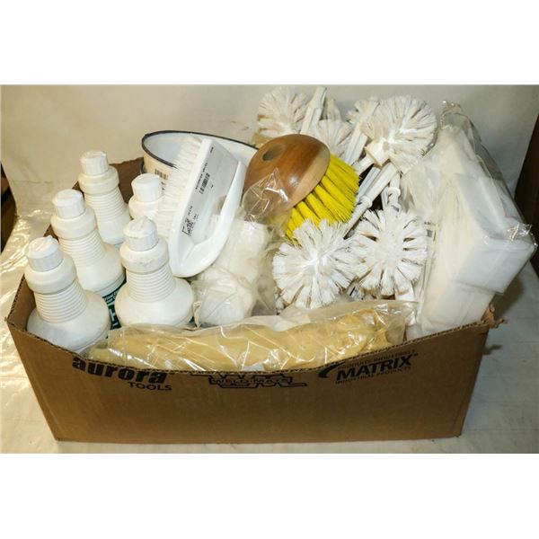 LOT OF BATHROOM CLEANER PRODUCTS & BRUSHES