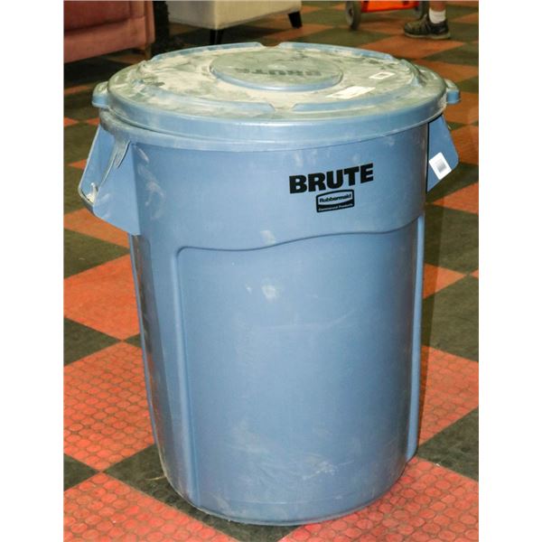 GREY 55 GALLON GARBAGE BIN FILLED WITH METAL LIDS