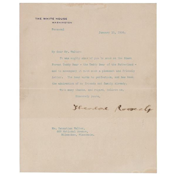 Theodore Roosevelt Typed Letter Signed as President on Teddy Bear