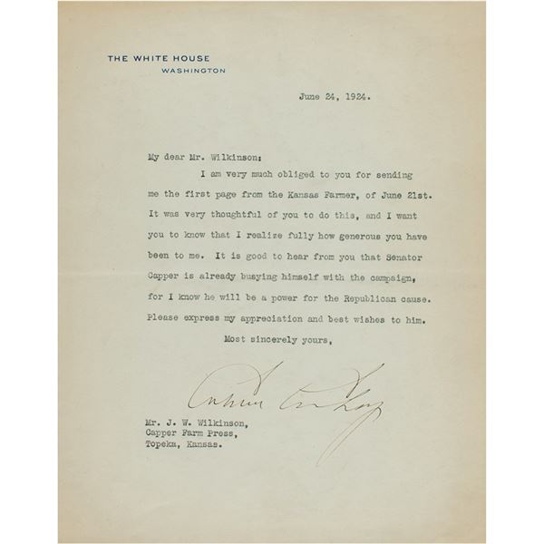 Calvin Coolidge Typed Letter Signed as President