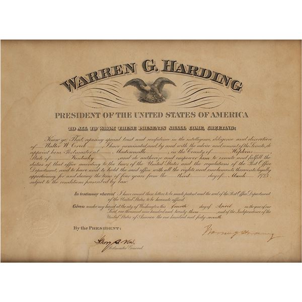Warren G. Harding Document Signed as President
