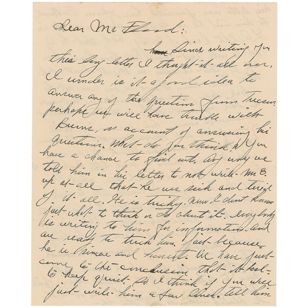 Wyatt Earp-dictated Letter Penned by His Wife, Josie