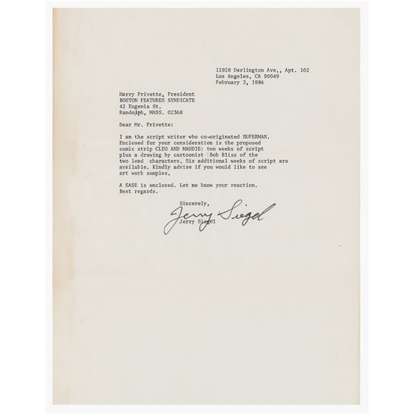 Jerry Siegel Typed Letter Signed
