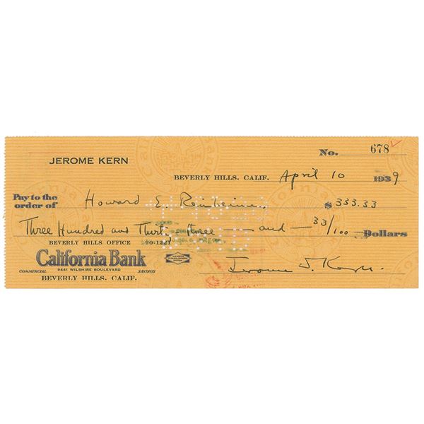Jerome Kern Signed Check