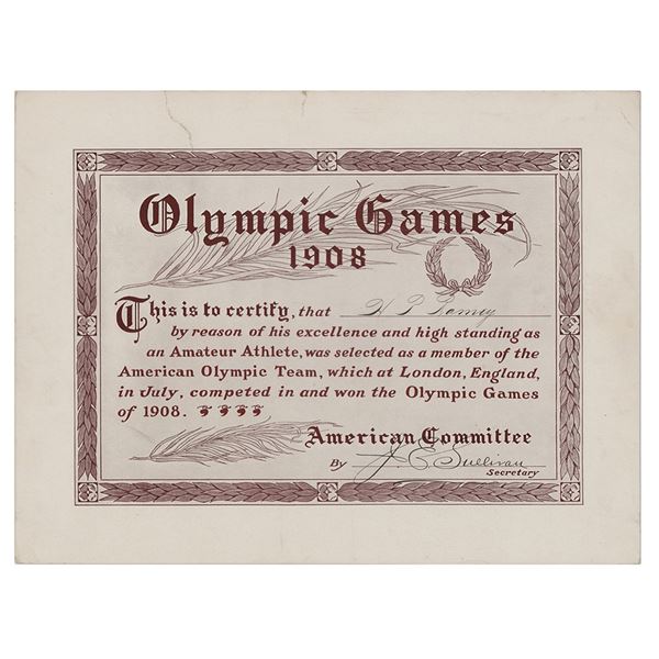 London 1908 Olympics Team USA Diploma Signed by James Edward Sullivan