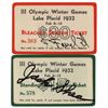 Image 1 : Lake Placid 1932 Winter Olympics (2) Signed Celluloid Tickets