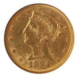 1894 Eagle Liberty Gold US $5 NGC Certified Coin MS60