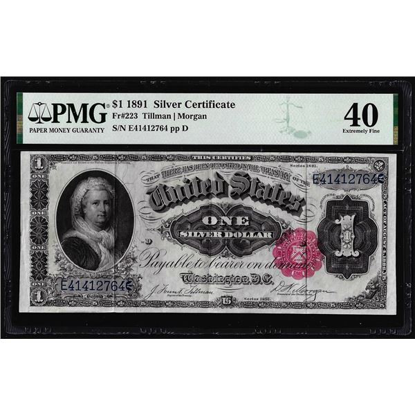 1891 $1 Martha Washington Silver Certificate Note Fr.223 PMG Extremely Fine 40